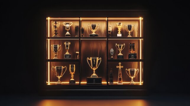 A glowing trophy case with multiple awards symbolizing a lifetime of achievements