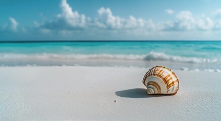 A beautifully patterned seashell resting on a pristine sandy beach under a clear blue sky