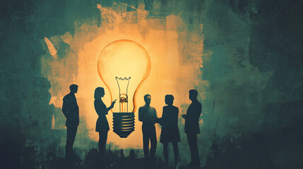 Businesspeople interacting with faded lightbulb. Collaborative effort and problem-solving. Contemporary art collage. Concept of business, team meeting, teamwork and cooperation, brainstorming .