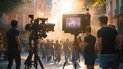 Fototapeta premium Cinematic film crew setting up lights and camera on a dramatic urban street scene