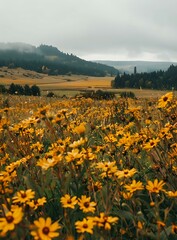 Fototapeta premium Yellow Wildflowers Meadow in Front of Mountain Landscape