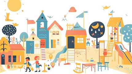 Naklejka premium Colorful Illustration of a Playful Village with Children