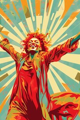 Happy Woman in Red Jacket with a Retro Illustration Style