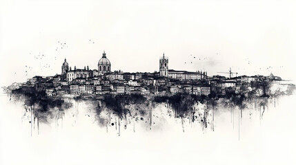 Lisbon, Portugal, black and white pen pencil hand-drawn effect drawing illustration for travel poster, card, wallpaper, backdrop or banner. Modern, clear, artistic and simple