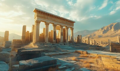 Obraz premium Exploring the grandeur of Persepolis, ancient ruins reflecting Persia's rich history, intricate carvings and monumental architecture abound.