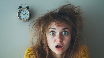 Sleepless, wakeful, and unsleeping Woman with messy hair looking shocked at the alarm clock. AI generated image