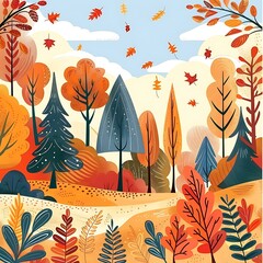 Fototapeta premium Autumn Forest Illustration with Falling Leaves and Trees
