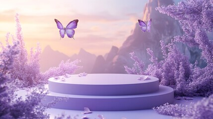 A serene landscape featuring floating butterflies amid purple flora, set against a mystical backdrop of mountains and soft light.