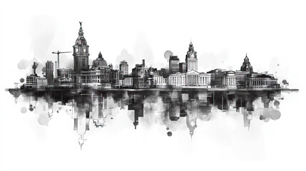 Fototapeta premium Liverpool, United Kingdom, black and white pen pencil hand-drawn effect drawing illustration for travel poster, card, wallpaper, backdrop or banner. Modern, clear, artistic and simple