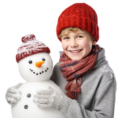 Happy Caucasian boy playing with snowman posing with warm winter clothes