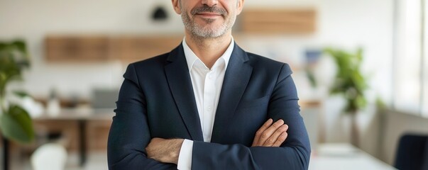 Businessperson in a sleek suit standing proudly in front of a modern office, confident look at camera   professional confidence, business success
