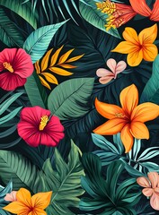 Fototapeta premium Tropical Leaves and Flowers Seamless Pattern