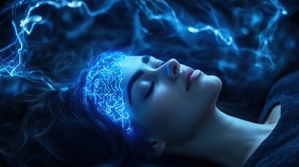 Woman with glowing brain lies peacefully with closed eyes, surrounded by electric blue energy and Sleep. AI generated image