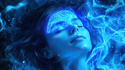 Fototapeta premium Woman with glowing brain lies peacefully with closed eyes, surrounded by electric blue energy and Sleep. AI generated image