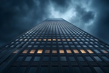 Fototapeta premium Towering Skyscraper Exterior at Night Dramatic Lighting and Shadows Creating an Eerie Cinematic Atmosphere