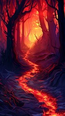 Fototapeta premium Lava River Through Red Forest