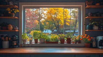 Cozy autumn kitchen with fresh produce and blooming flowers near a window