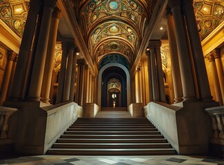 Obraz premium Grand Staircase in a Historic Building with Ornate Columns and Ceiling