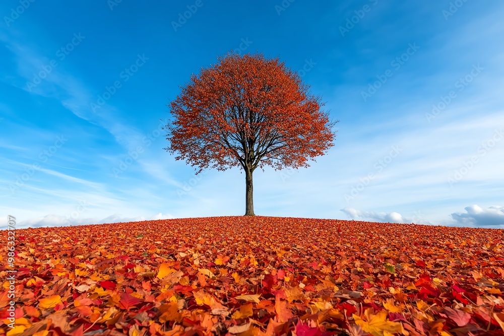 Aufkleber a single barren tree in the middle of a vibrant fall landscape, with bright leaves scattered on the 