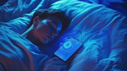 Young man or person sleeping next to a glowing phone. AI generated image