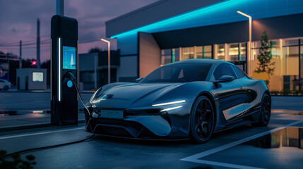 Fototapeta premium Electric vehicle is connected to a charging station in a contemporary setting at dusk. The sleek design of the car and glowing lights highlight the shift toward eco-friendly transport solutions