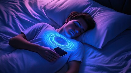 Young man or person sleeping next to a glowing phone. AI generated image