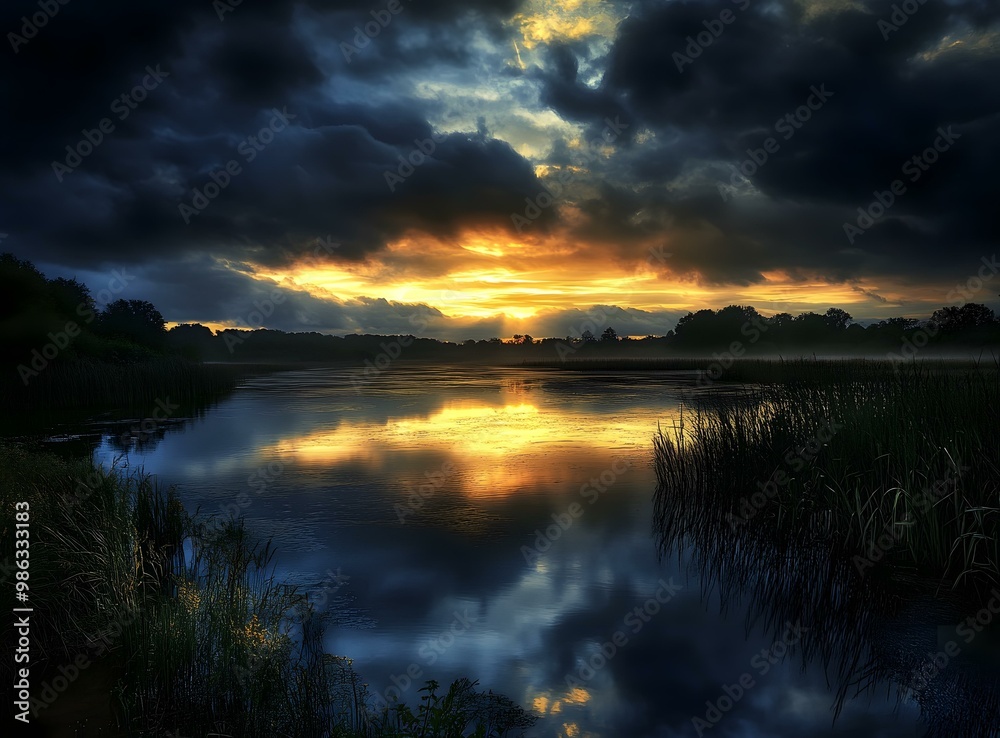 Wall mural Golden Sunset Over Calm Water and Tall Grass