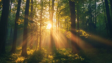 Fototapeta premium Golden Light Filtering Through a Dense Forest at Sunset