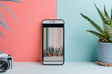 Modern Smartphone with Colorful Cactus Wall Display on Screen