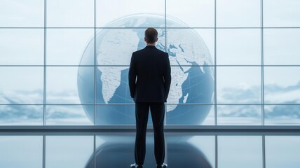 Fototapeta premium CEO standing in front of a futuristic globe, explaining the company s global strategy and vision for the future business leadership, global vision