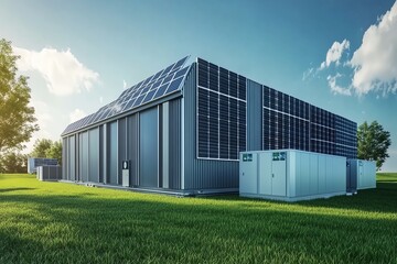 Modern industrial building with solar panels on the roof, surrounded by green grass and trees under a clear sky.