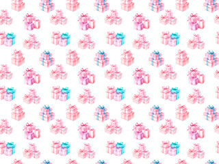 Watercolor cute pink gifts seamless pattern. Pattern with gifts. Cute background in pink tones for festive packages.