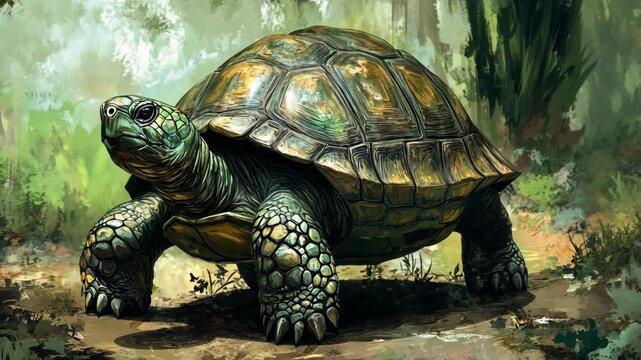 Large tortoise exploring a lush forest environment during the day in a vibrant natural setting