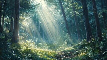 Obraz premium Sunbeams Illuminating a Forest Path