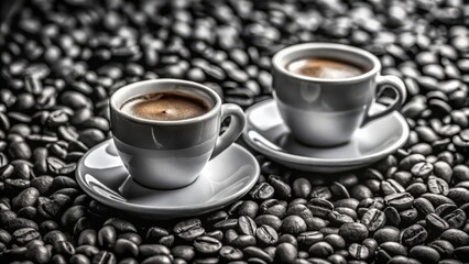 Naklejka premium Black and white photo of Italian espresso cups with coffee beans on top