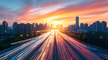 Obraz premium Busy Urban Highway at Colorful Sunset with City Skyline and Streaking Car Lights