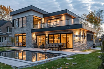 Real estate photography - New big luxury modern house in Montreal's suburb partially furnished with backyard, empty rooms, closets, basement and garage.