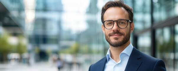 Confident businessperson standing in an urban plaza, surrounded by glass skyscrapers, looking directly at the camera   urban business success, corporate confidence