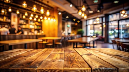 Empty wooden table in a blurred restaurant interior setting