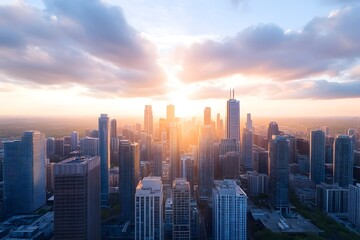 Fototapeta premium Aerial view of a modern city skyline at sunset with towering skyscrapers and historic architecture bathed in warm glowing light