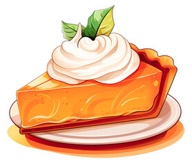 Cartoon illustration of piece of traditional pumpkin pie on over isolated transparent background