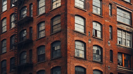 Fototapeta premium red brick building corner old architecture ancient factory condominium windows downtown city living