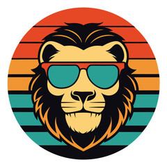 Vector art Cool sunset lion-skull wearing sun glass, illustration, T - shirt design, retro vintage style on white background