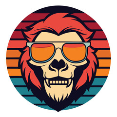 Vector art Cool sunset lion-skull wearing sun glass, illustration, T - shirt design, retro vintage style on white background