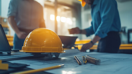 Construction workers collaborating on project plans in a bright workshop during afternoon hours