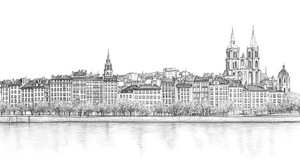Fototapeta premium Lyon, France, black and white pen pencil hand-drawn effect drawing illustration for travel poster, card, wallpaper, backdrop or banner. Modern, clear, artistic and simple