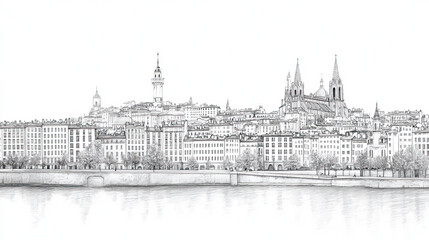 Fototapeta premium Lyon, France, black and white pen pencil hand-drawn effect drawing illustration for travel poster, card, wallpaper, backdrop or banner. Modern, clear, artistic and simple