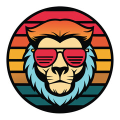 Vector art Cool sunset lion-skull wearing sun glass, illustration, T - shirt design, retro vintage style on white background