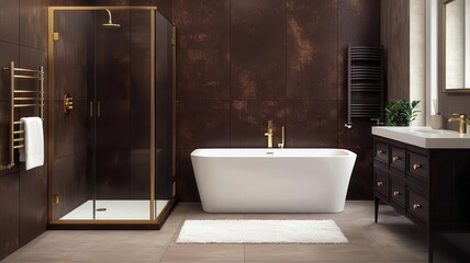 Elegant bathroom with chocolate brown walls, gold fixtures, and soft, warm lighting for a luxurious feel   luxury bathroom, warm atmosphere