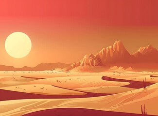 Fototapeta premium Desert Landscape with Sun and Mountains